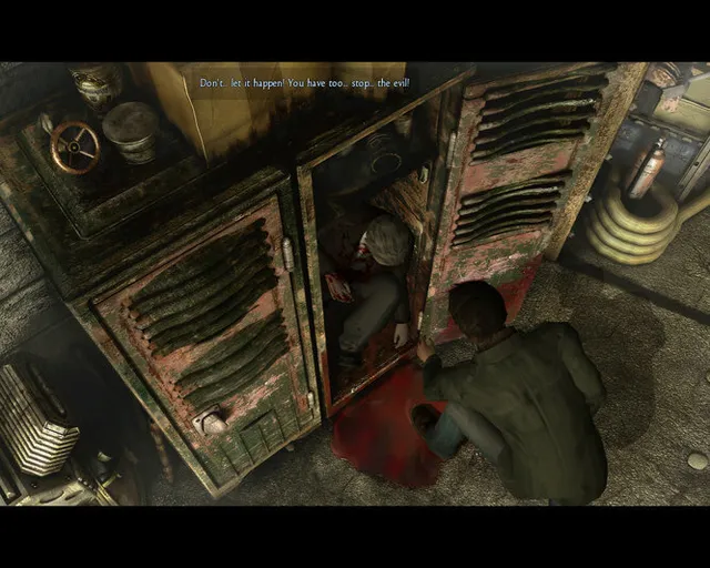Black Mirror II screenshot: seen from above, Darren kneels over a bloodied body between rusty lockers