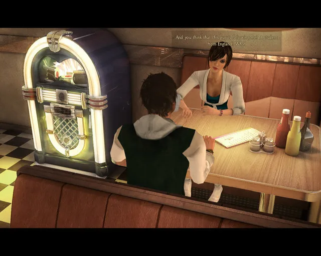 Black Mirror II screenshot: Darren and Angelina talk in a booth of a diner beside a glowing jukebox