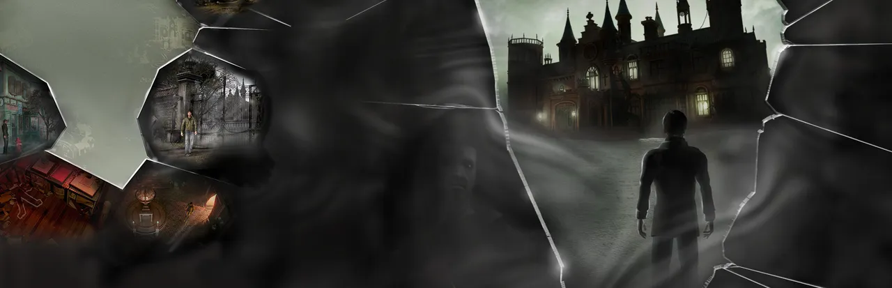 Black Mirror II key art: a man stands in fog before a dark gothic castle, the image broken like shards of a mirror showing scenes from the game