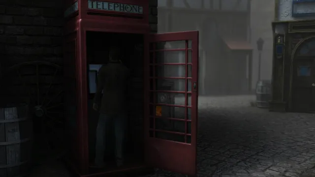Black Mirror III screenshot: Darren in a red telephone box on a dark, misty cobbled street