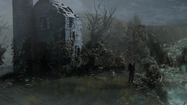 Black Mirror III screenshot: a man in a dark suit on a foggy clifftop below a ruined stone tower and bare trees