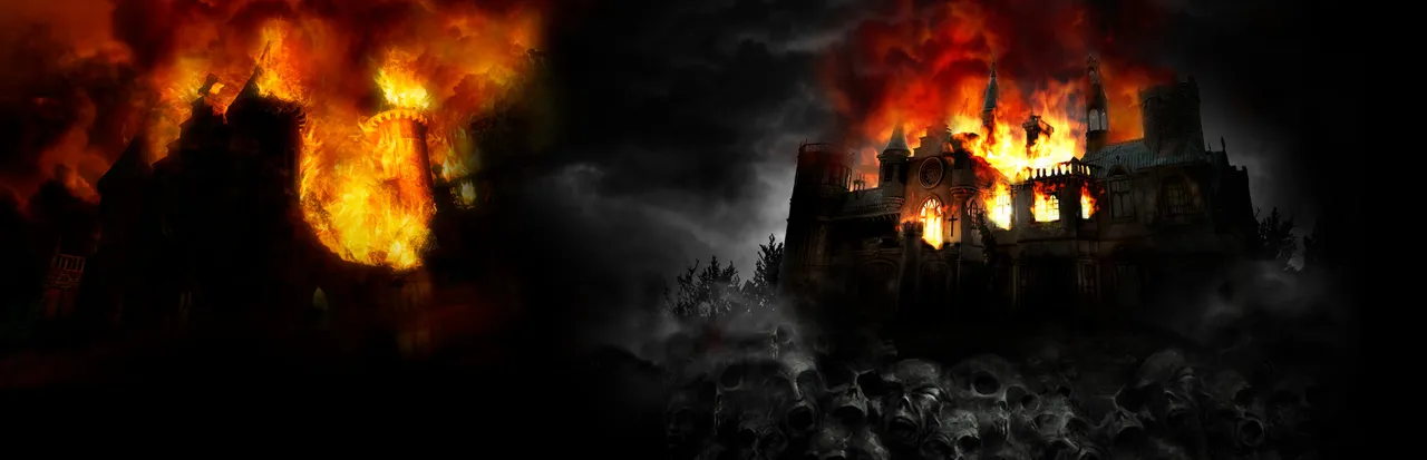 Black Mirror III key art: a gothic castle in flames against a black sky, above a heap of skulls