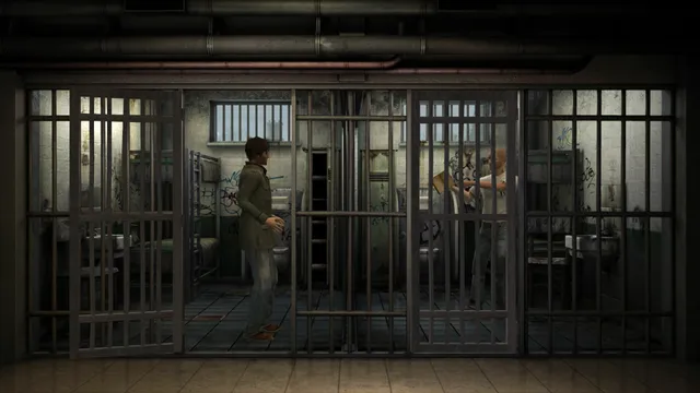 Black Mirror III screenshot: Darren stands in a barred police holding cell beside other prisoners