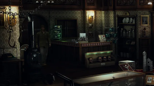 Black Mirror III screenshot: Darren in a dim, cluttered shop with a hanging chain hook, an old stove and glass display cases