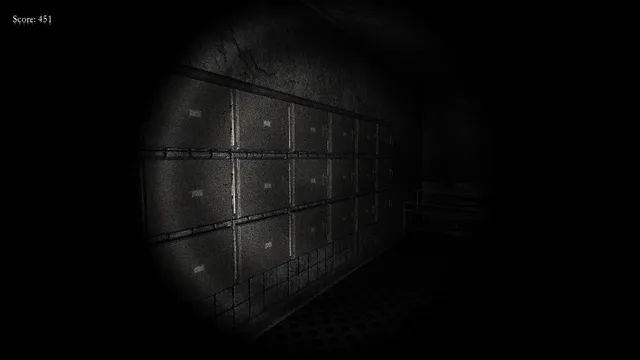 A grimy tiled room with rows of metal body drawers in the flashlight beam