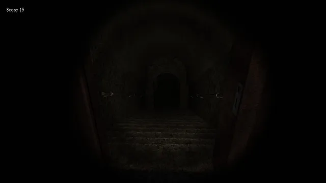 A doorway opens onto a stone stairway leading down into darkness