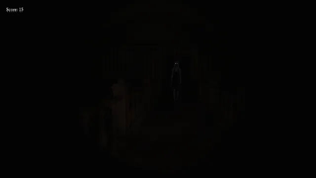 A pale woman with glowing eyes stands at the end of a dark hall between wooden banisters