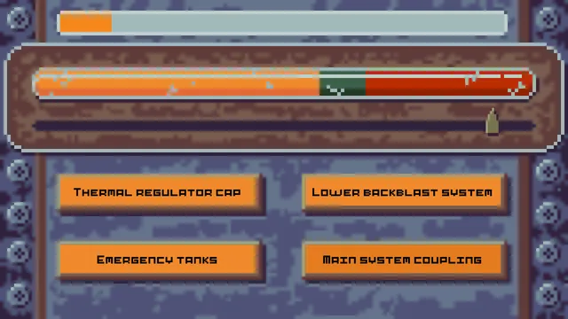 BlackBox screenshot: a repair panel with a pressure bar and buttons for thermal regulator cap, lower backblast system, emergency tanks and main system coupling
