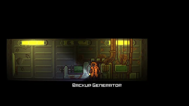 BlackBox screenshot: the engineer in an orange suit shines his torch on a backup generator in a dim, rusty green corridor full of pipes