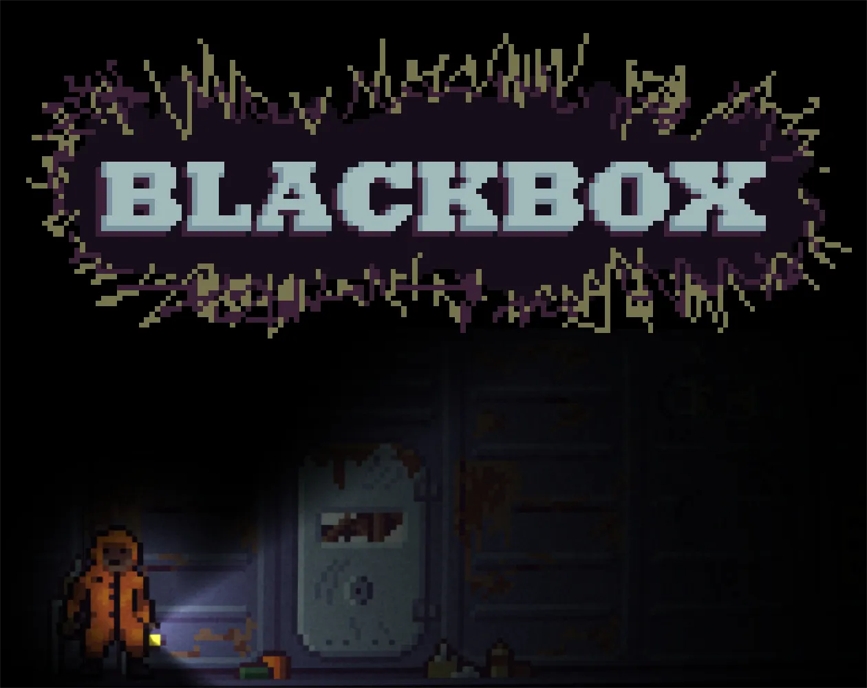BlackBox cover: the pixel-art title in a scratchy purple frame above an engineer in an orange suit holding a torch beside a rusted metal door