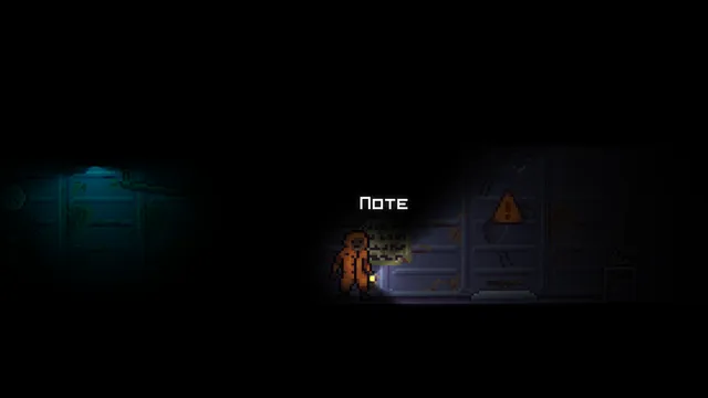 BlackBox screenshot: the engineer reads a note on a dark wall next to a warning sign, his torch the only light