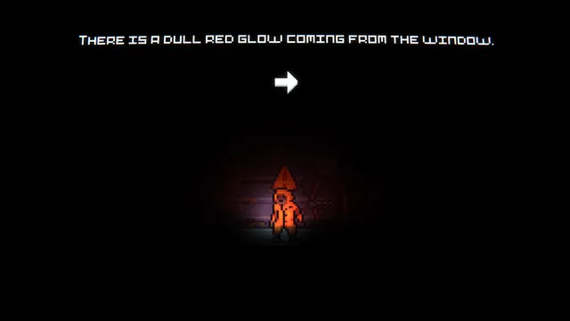 BlackBox screenshot: the engineer lit in red in a dark room, with the text 'There is a dull red glow coming from the window'