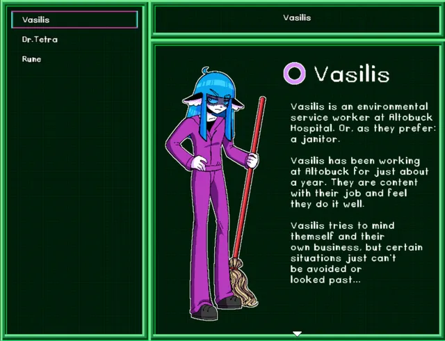 Blackout Hospital screenshot: a character profile page describing Vasilis, the janitor at Altobuck Hospital
