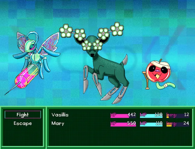 Blackout Hospital screenshot: a turn-based battle against a deer with scalpel legs, a winged syringe and a bandaged apple