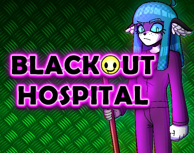 Blackout Hospital cover art: Vasilis, a blue-haired janitor in a purple uniform holding a mop, beside the neon title with a smiley face