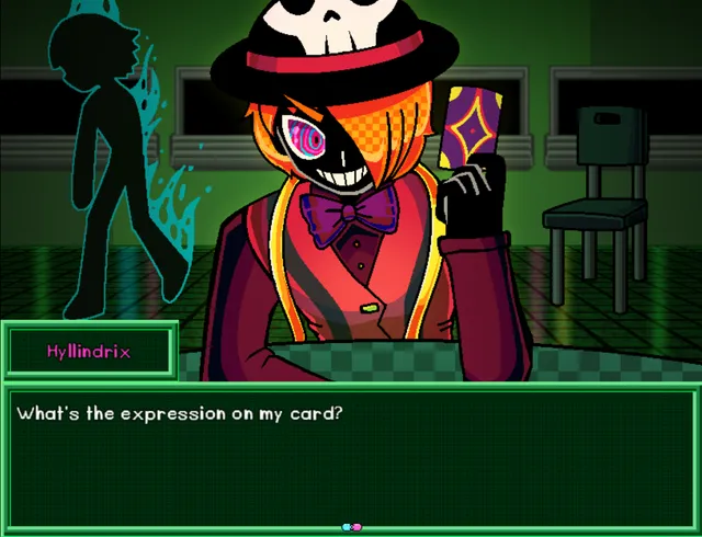 Blackout Hospital screenshot: a skull-hatted character holding up a card and asking what the expression on it is