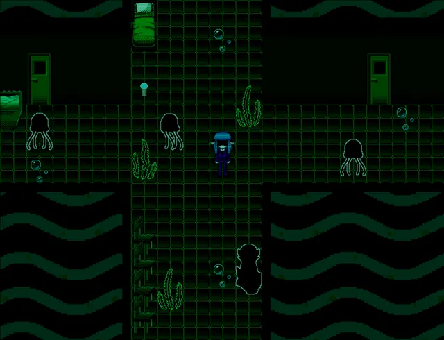 Blackout Hospital screenshot: a small figure in a green flooded corridor among jellyfish shapes and seaweed