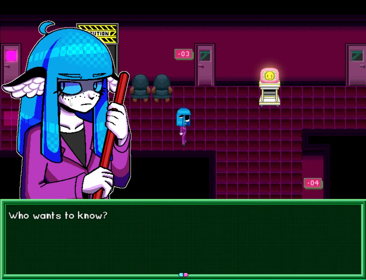 Blackout Hospital screenshot: Vasilis with a mop in a dark pink hospital corridor, asking who wants to know