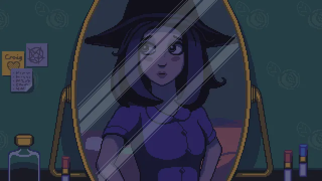 Blackout screenshot: Marilyn in her witch hat looks at herself in an oval mirror