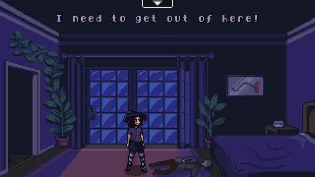 Blackout screenshot: Marilyn in a dark bedroom next to a body on the floor, saying she needs to get out of here