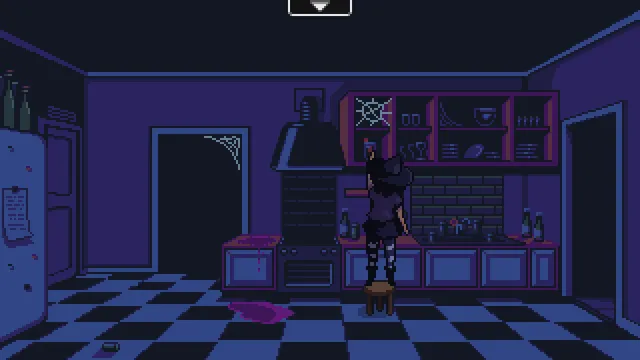 Blackout screenshot: Marilyn stands on a stool reaching into a kitchen cupboard, a purple puddle on the checked floor