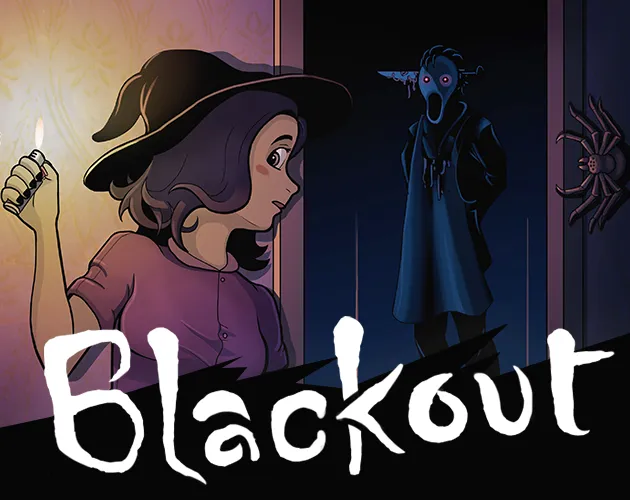 Blackout cover: Marilyn in a witch hat holds up a lit match while a man with a knife through his head stands in a dark doorway behind her
