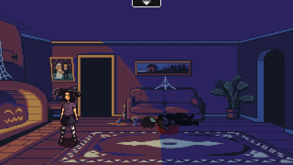 Blackout screenshot: Marilyn in a dark purple living room beside a fireplace with a carved pumpkin, a body lying on the rug