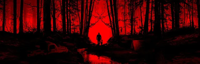 Blair Witch key art: the silhouette of a man and his dog walking into a forest washed in red, a stick-figure shape formed by the branches above, a wrecked truck and a tent nearby