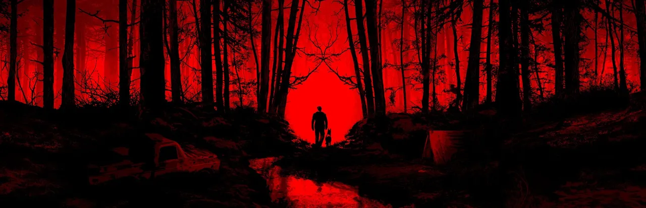 Blair Witch key art: the silhouette of a man and his dog walking into a forest washed in red, a stick-figure shape formed by the branches above, a wrecked truck and a tent nearby