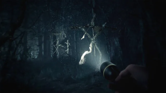 Blair Witch screenshot: a flashlight beam picks out stick figures and twig symbols hanging from branches in the forest at night