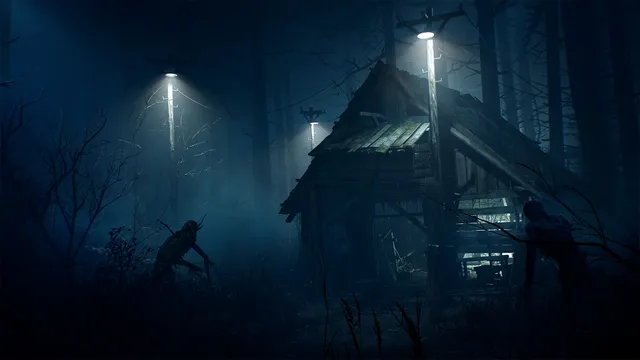 Blair Witch screenshot: an old wooden cabin under lamp posts in a dark blue forest at night, with thin humanoid creatures crawling out of the trees