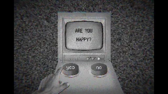 blank_01 screenshot: a hand reaches toward an old monitor asking Are you happy? with yes and no buttons, in grainy black and white