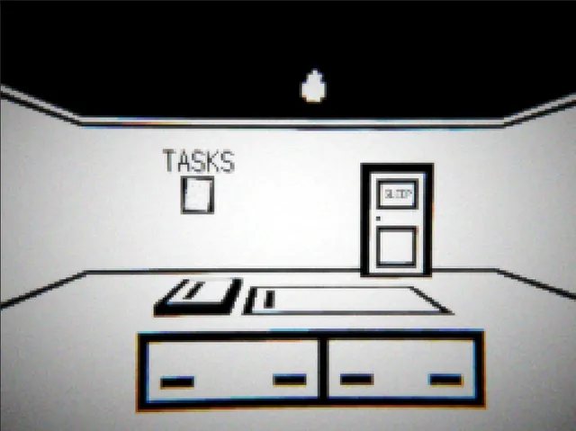 blank_01 screenshot: a white room drawn in black lines with a tasks sheet on the wall and a door marked sleep