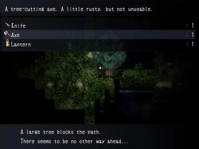 Mishiro in a dark overgrown forest realm with an item menu open showing a knife, an axe and a lantern, and a large tree blocking the path