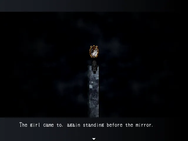 Mishiro, a dark-haired girl, stands on a narrow stone pillar before an ornate mirror in a black void: The girl came to, again standing before the mirror