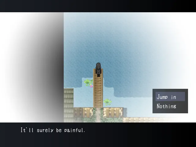 Mishiro at the end of a wooden pier over a lake, offered the choice to jump in