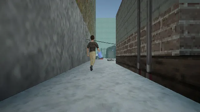 The man walking down a snowy alley between brick walls, carrying a blue watering can