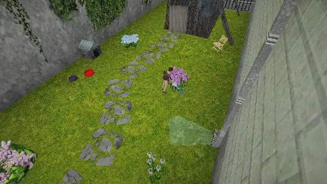 Overhead view of a man watering lilac flowers in a walled back garden with a stone path and a shed
