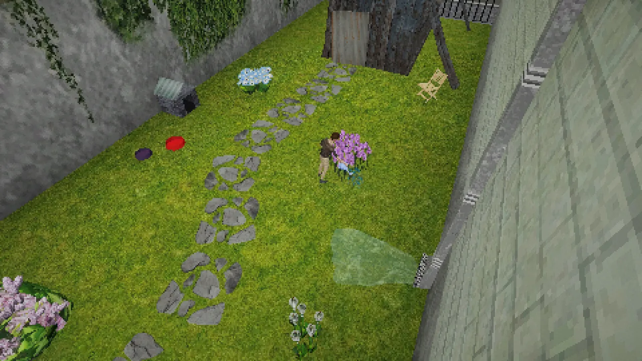Overhead view of a man watering lilac flowers in a walled back garden with a stone path and a shed
