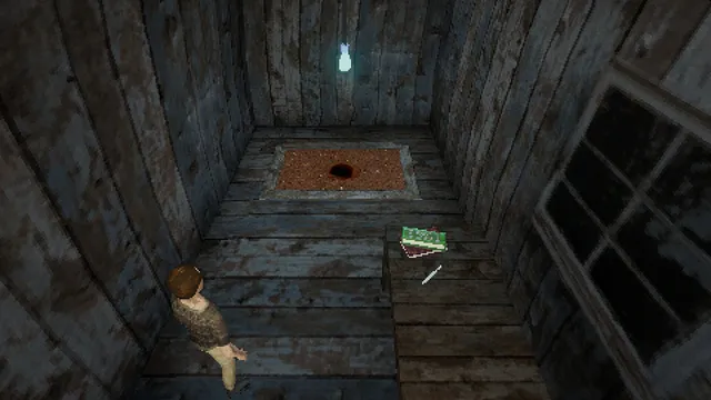 The man inside a dark wooden shed with a bare patch of soil in the floor and a book on a shelf