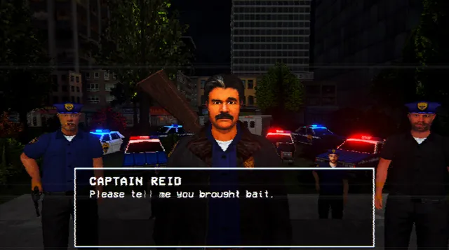 Captain Reid with police officers and patrol cars outside at night, asking whether you brought bait