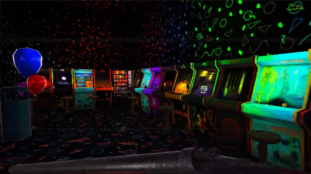 A neon-patterned arcade full of glowing cabinets and balloons