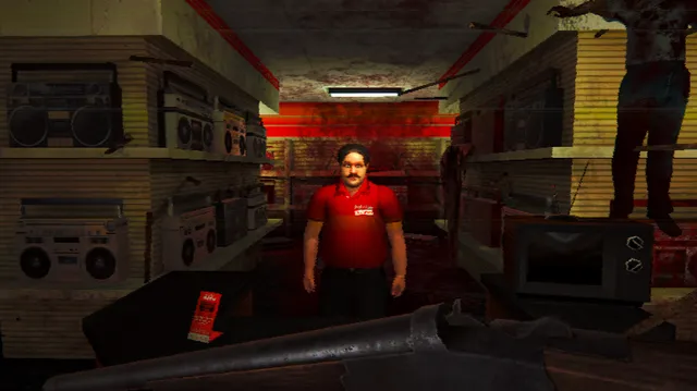 An electronics shop with boomboxes on the shelves, a clerk in a red shirt and a body hanging nearby