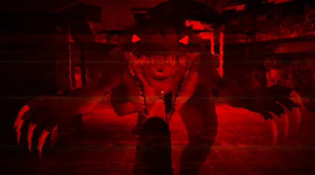 The clawed dinosaur lunging out of the dark in a red-lit corridor