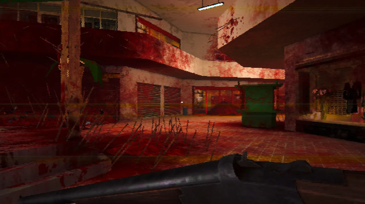 A mall courtyard drenched in blood, seen over the barrel of a shotgun