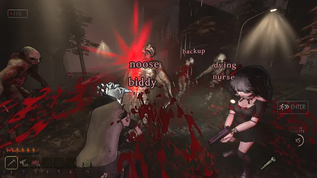 Blood Typers screenshot: a gun-holding woman fights bloody zombies at night, with words like noose and biddy floating over them to type