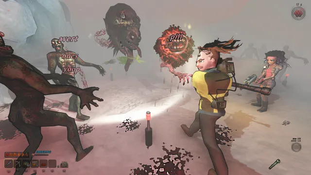 Blood Typers screenshot: two players with flashlights face zombies and a floating fleshy head on a snowy, fogged set, words hovering over each enemy