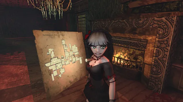 Blood Typers screenshot: a player beside a fireplace looks at a map of Ashbrook Manor's first floor pinned to the wall