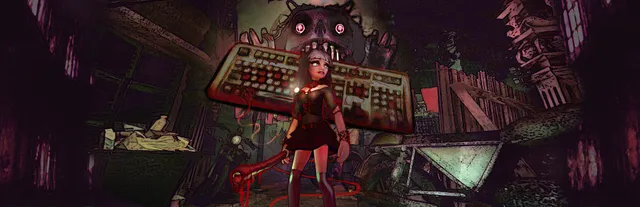 Blood Typers key art: a dark-haired young woman holding a bloody club stands in a ruined alley before a giant skull-faced monster and a gore-stained keyboard