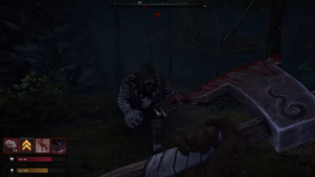 A hulking masked monster charges through a dark forest as the player raises a bloodied tomahawk